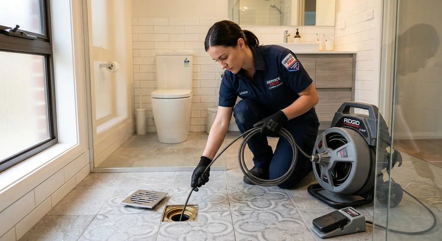 Technician clearing a bathroom floor drain for Sewer Line Replacement in Everett